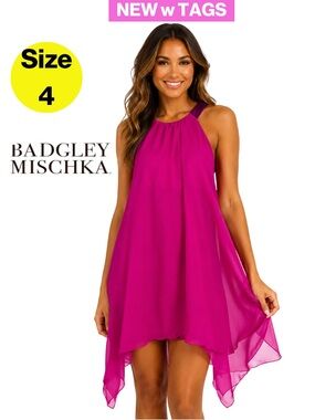 NEW w TAGS 🏷️ BADGLEY MISCHKA Vibrant Pink Halter Dress, Flowy (Women’s 4)